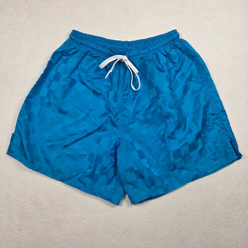 Vtg Umbro Soccer Shorts Mens L Blue Checkered Vintage Made in USA Shiny Nylon